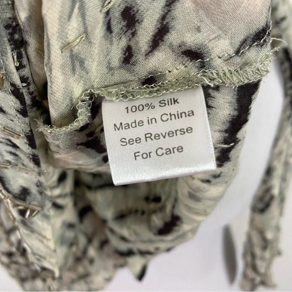 PARKER Animal Print Black Gray Beaded Long Sleeve SILK Sheer Top Women Sz Medium - Picture 13 of 16